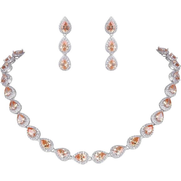 Elegant Brown Cubic Zirconia Teardrop Necklace Earrings Set for Women